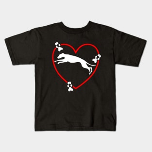 Running White Greyhound Red Heart Paw Prints Kids T-Shirt